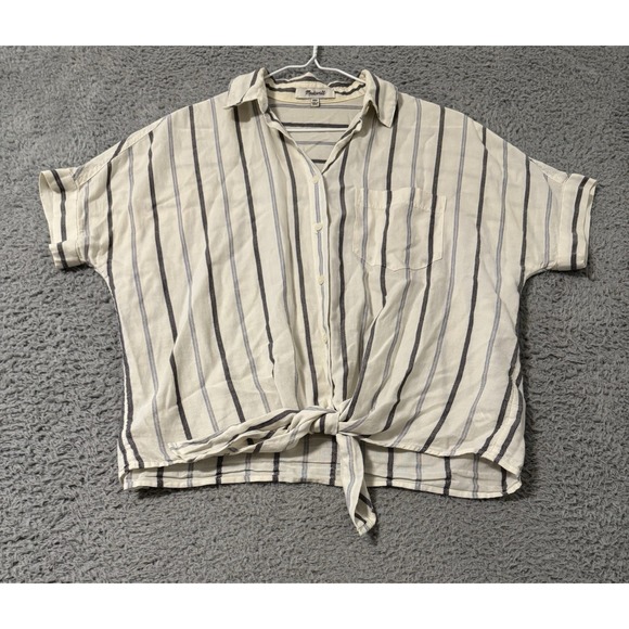 Madewell XXS Linen Striped Short Sleeve Button Up Tie Front Shirt - Picture 1 of 5